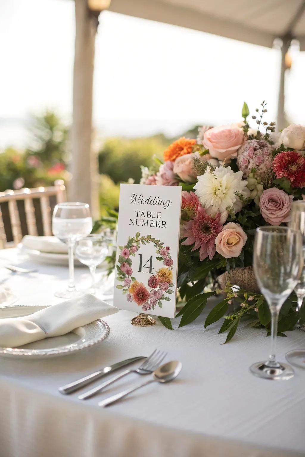Floral decorations around table numbers conjure a dreamy, romantic setting.