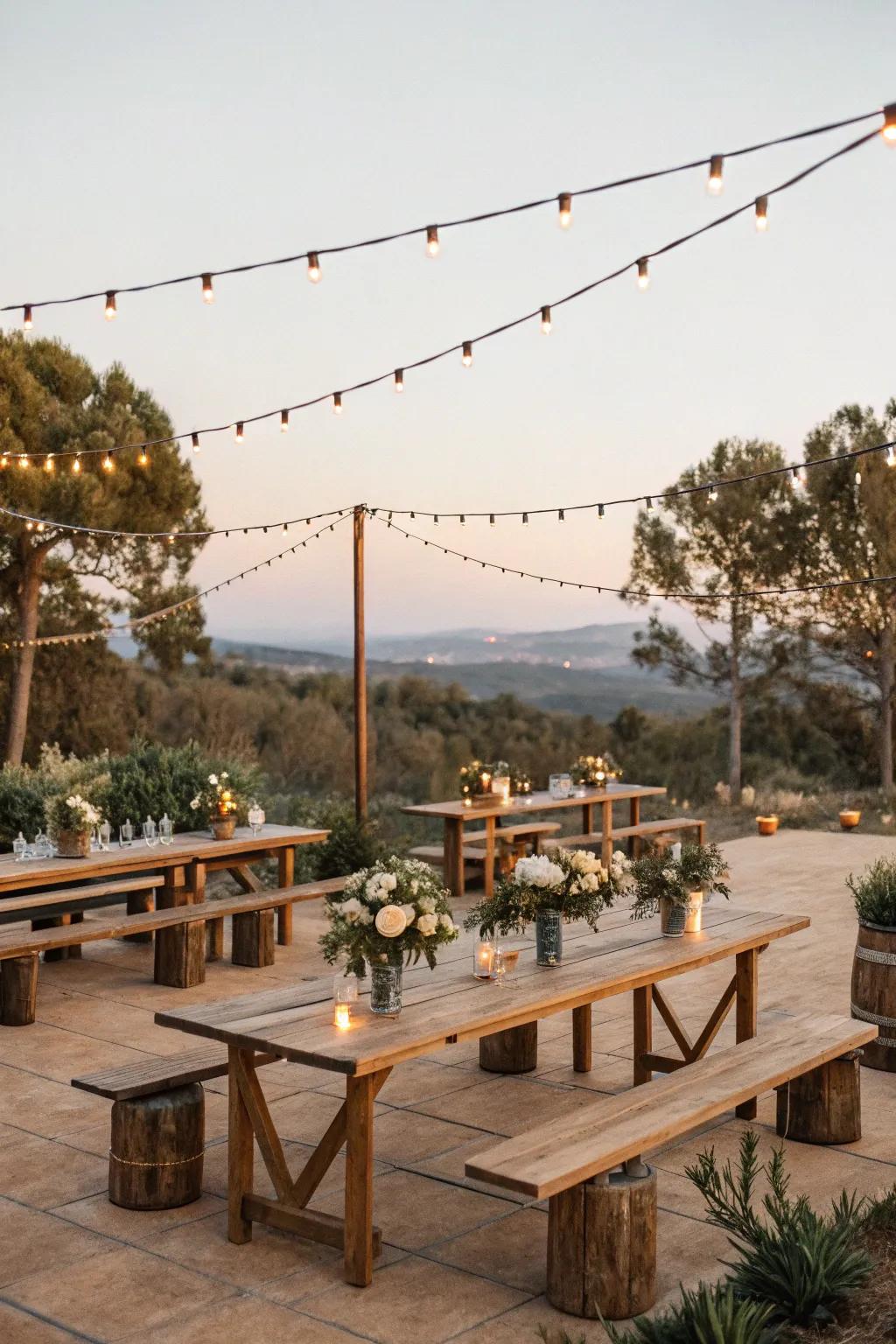A rustic wedding concept enhanced by the beauty of natural wood and soft lighting.