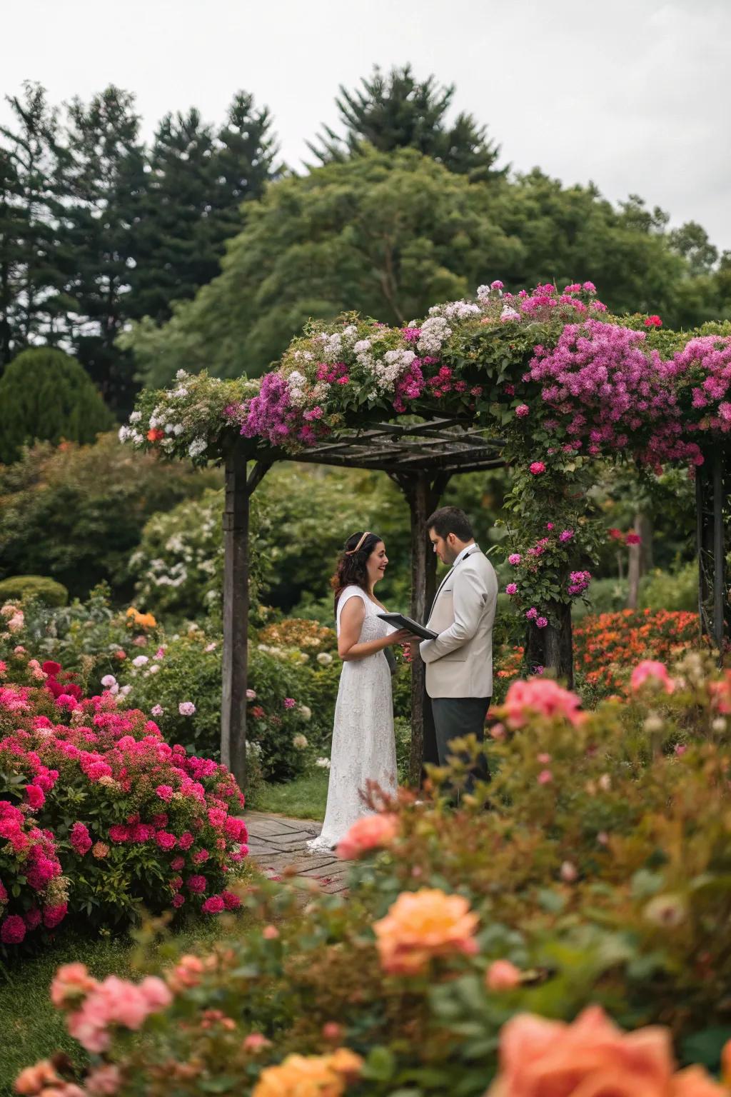 A couple sharing vows in a flourishing garden, enclosed by vibrant blossoms.