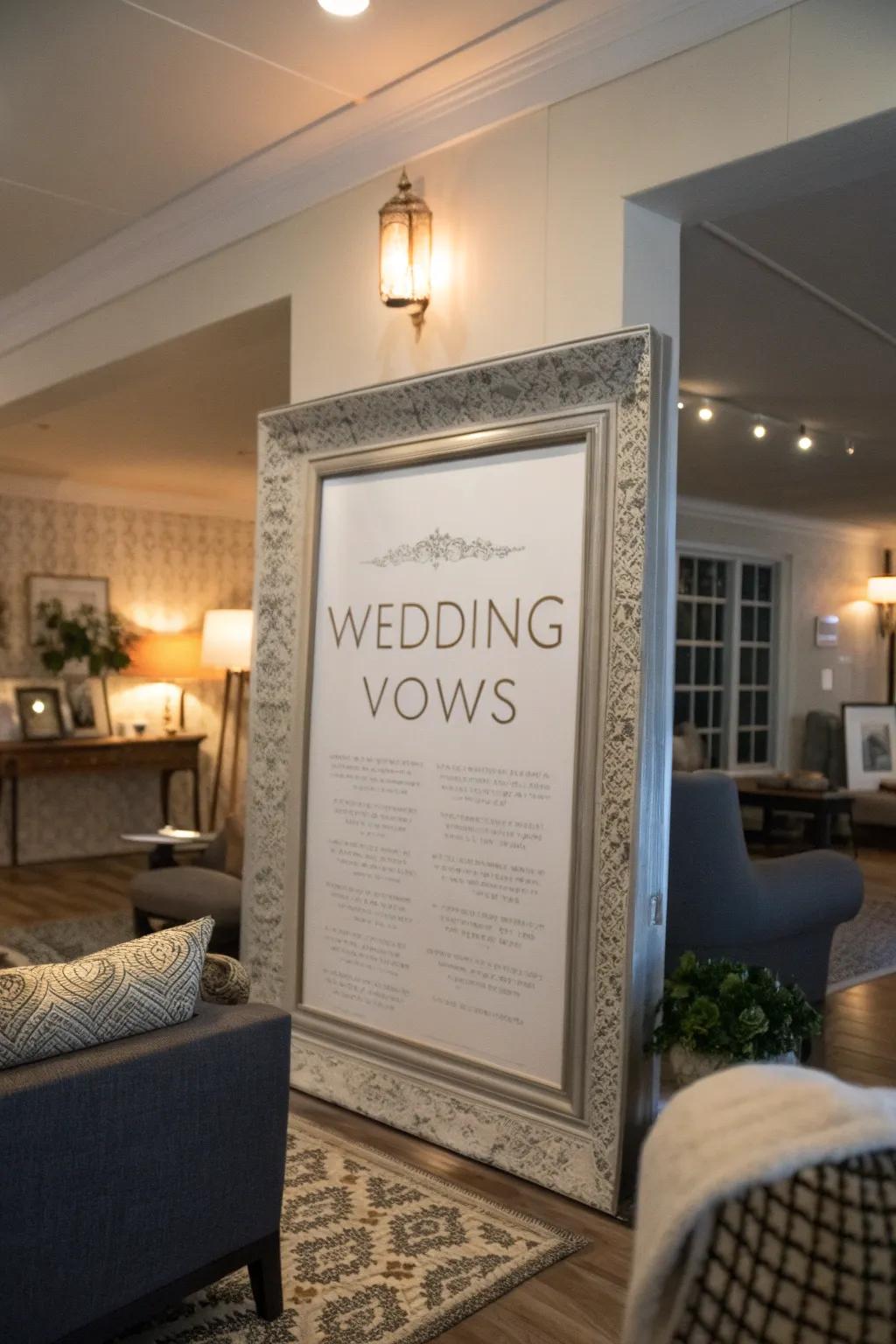 Elegantly framed wedding vows serving as a captivating centerpiece in a stylish living area.