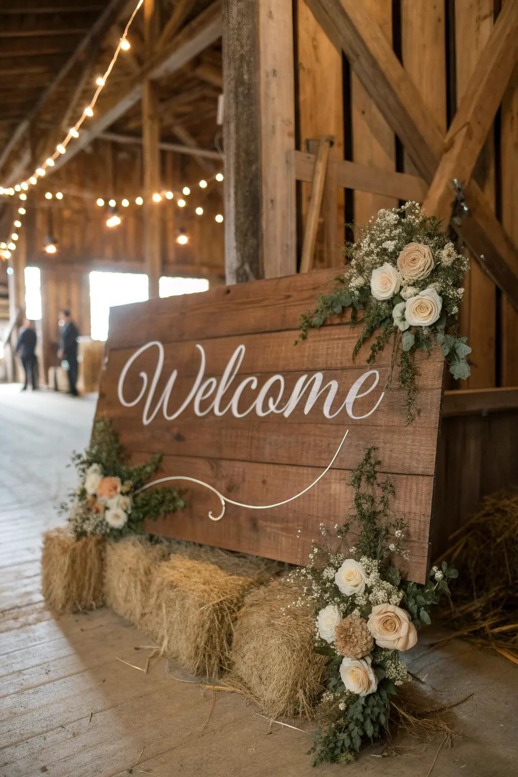 A weathered wooden welcome sign featuring refined lettering, a perfect fit for a barn wedding.