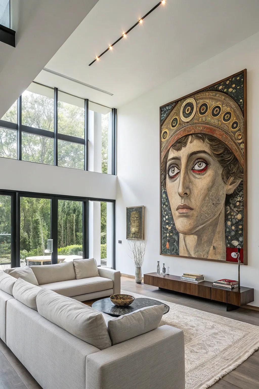 A painting displaying a face adorned with extra eyes, introducing an extraordinary detail to the decor.
