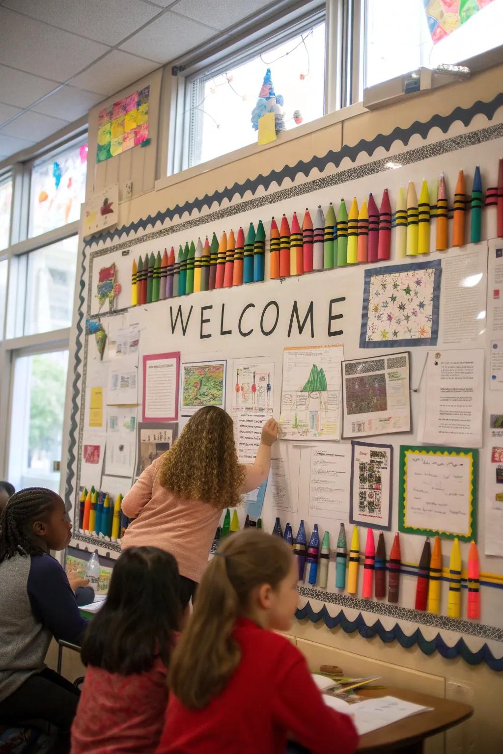 A brilliant coloring utensil-based board to lighten up the classroom and get the students thrilled for the year to come.