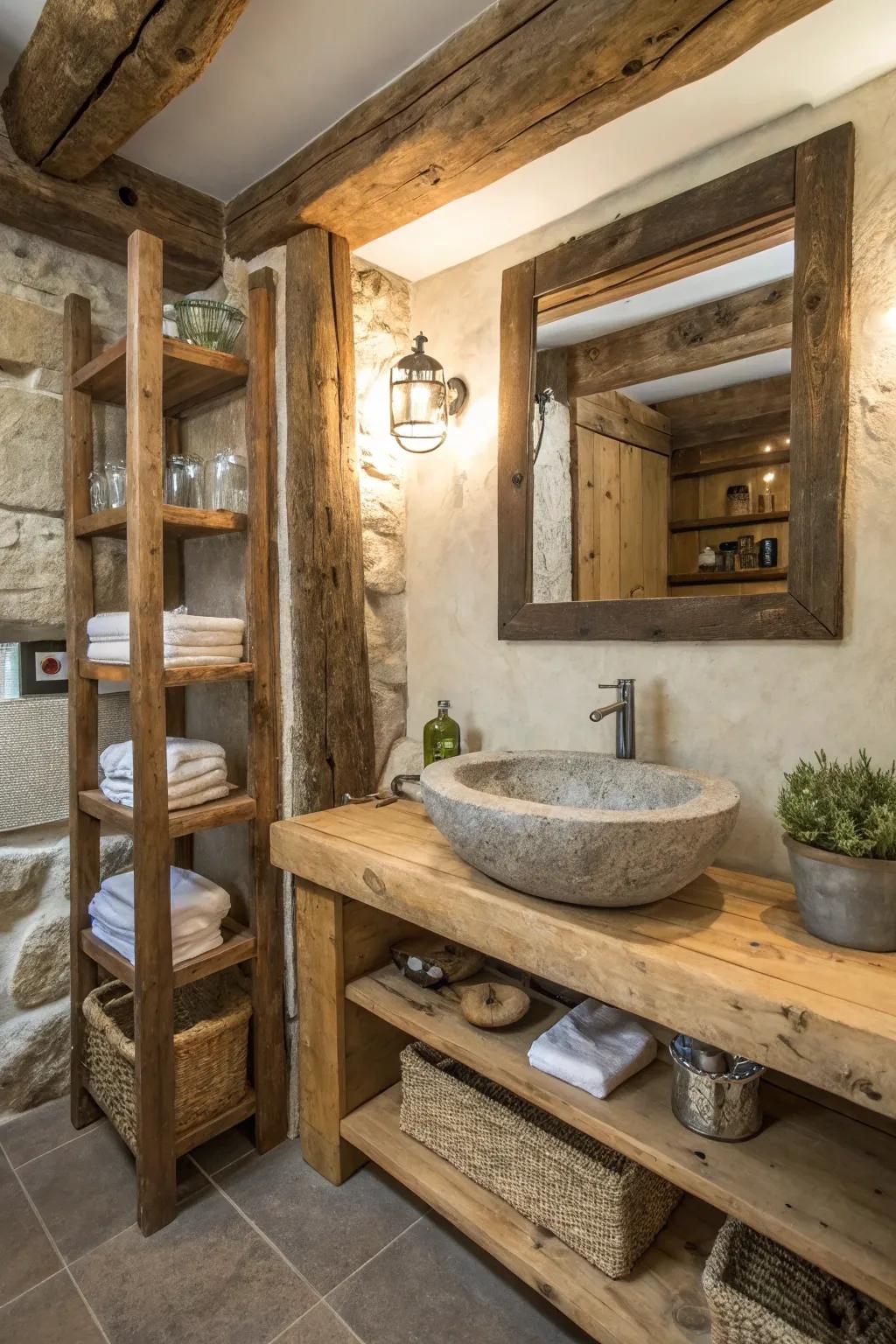 Elements of lumber and rock easily introduce a countryside appeal.