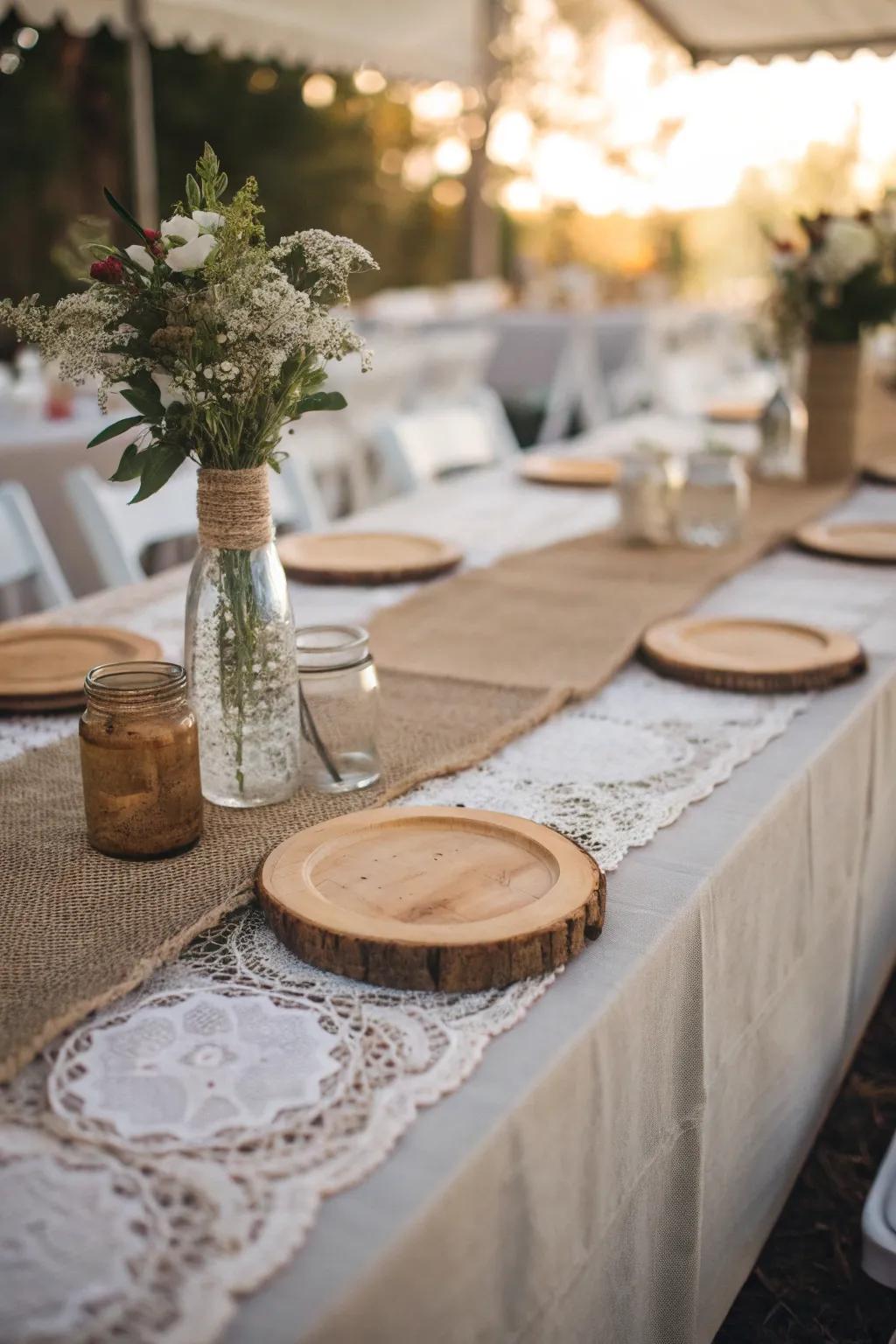 Hessian and net combine for a wonderfully rustic table.
