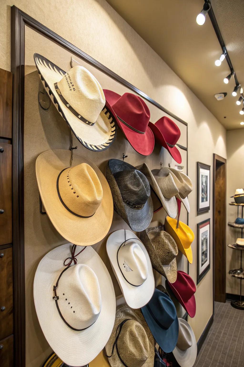 A creative showcase of cowboy hats gracing a living room wall.