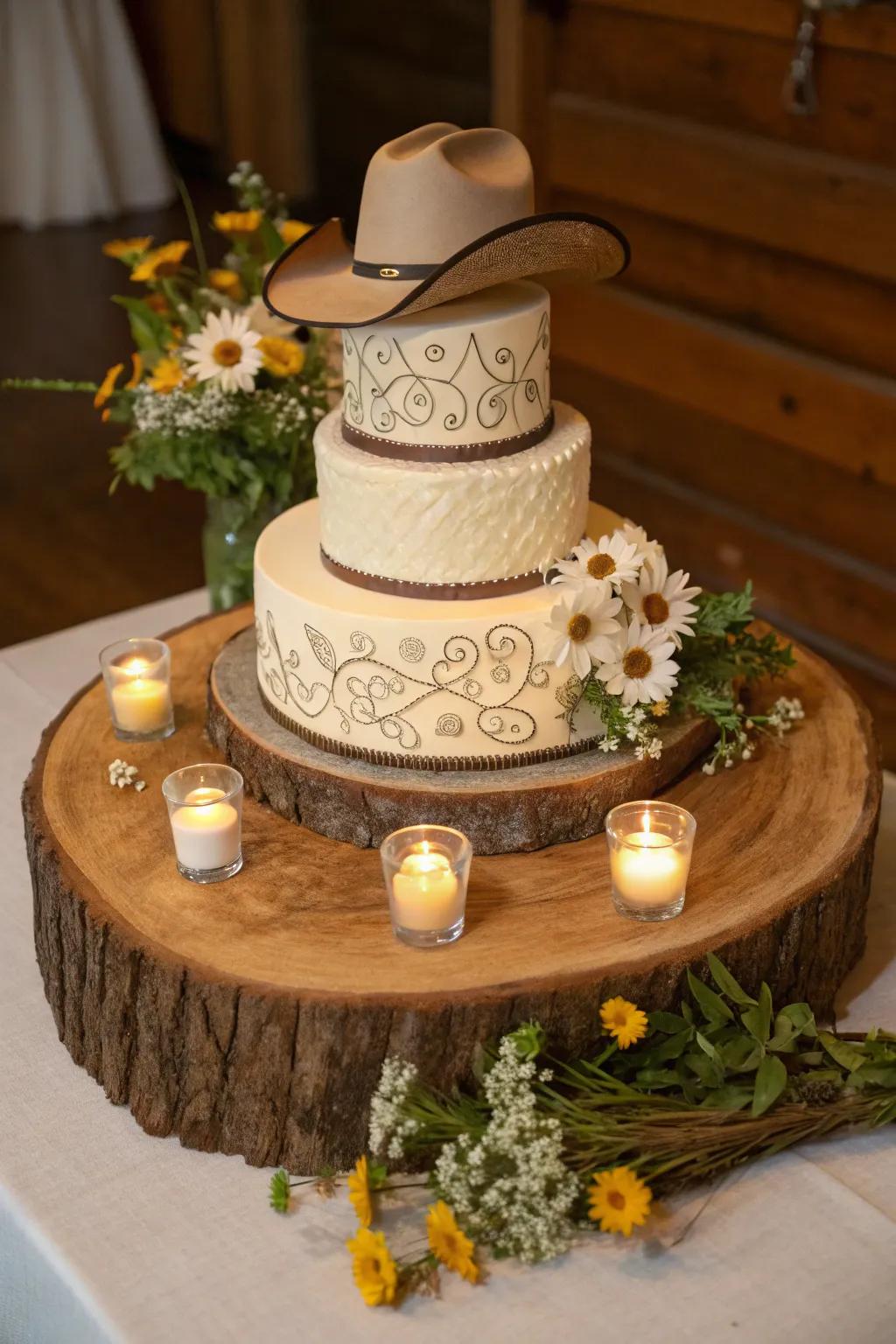 Western wedding cake upon a homespun timber plinth.