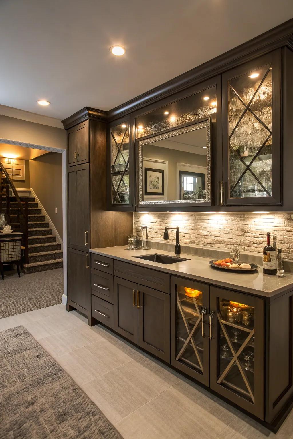 A mirrored backsplash can lift your basement wet bar with elegance and visual space.