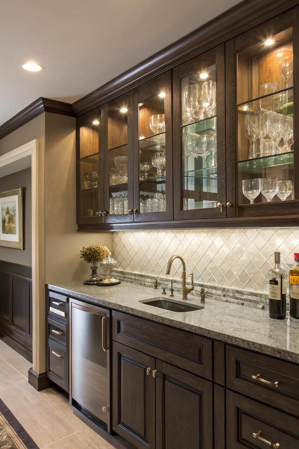 Show off your drinkware using elegant upper glass cabinets.