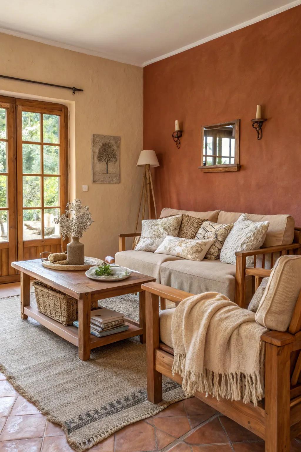 Living area featuring terracotta walls and decor inspired by the earth.
