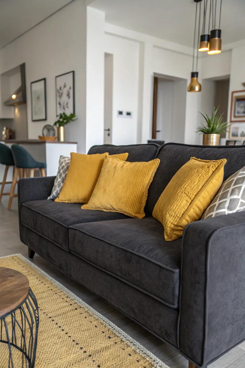 Mustard yellow pillows add a warm and inviting touch to this dark grey couch.