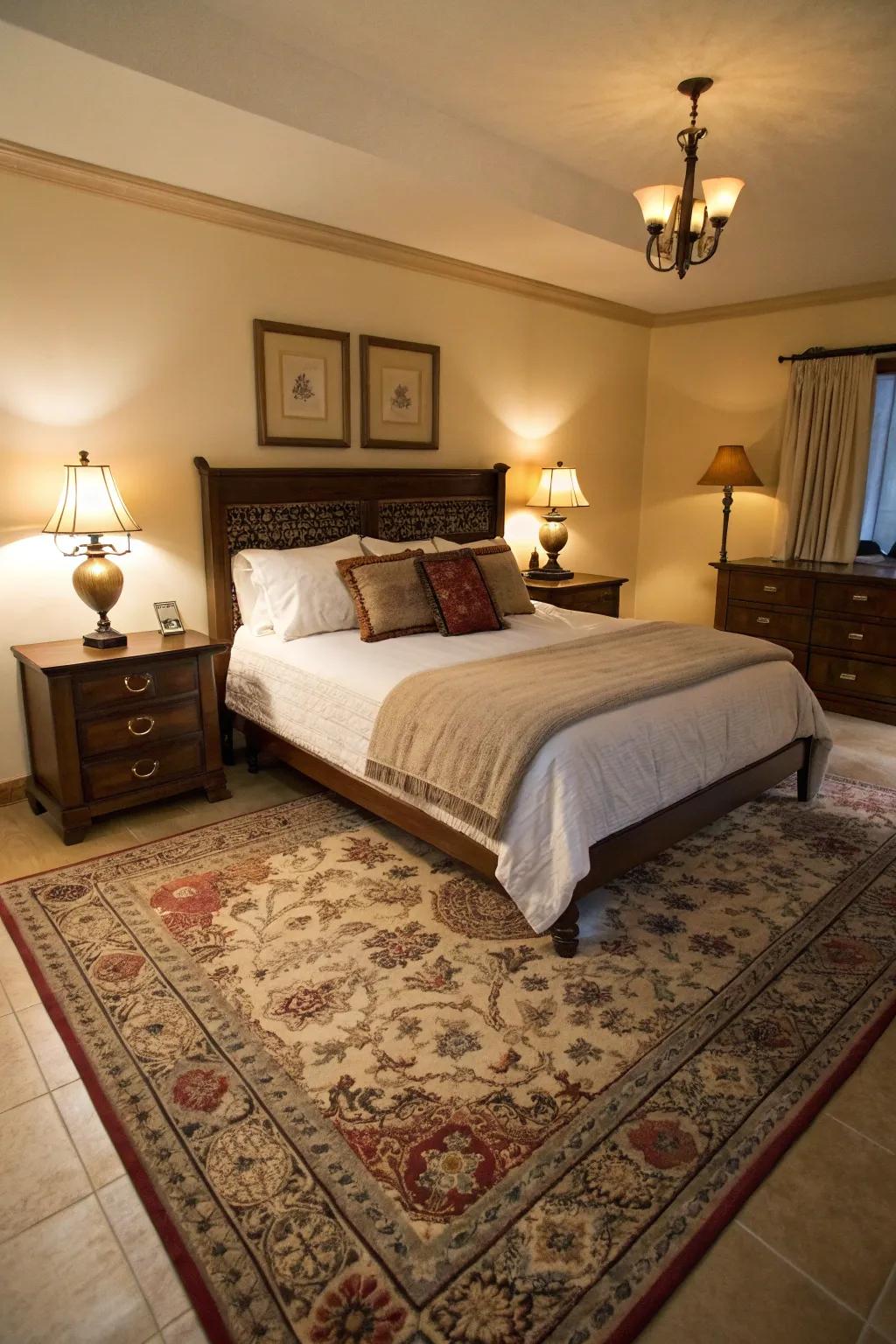 An 8x10 rug stylishly extends past a queen bed, delivering a traditional and harmonious presentation.