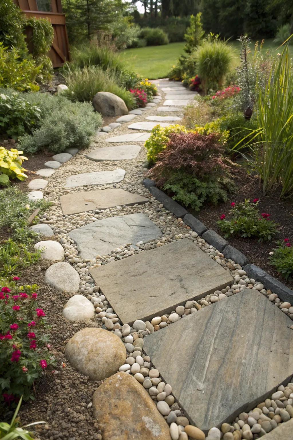 Flagstone path accented with pebbles, creating a naturally refined aesthetic.
