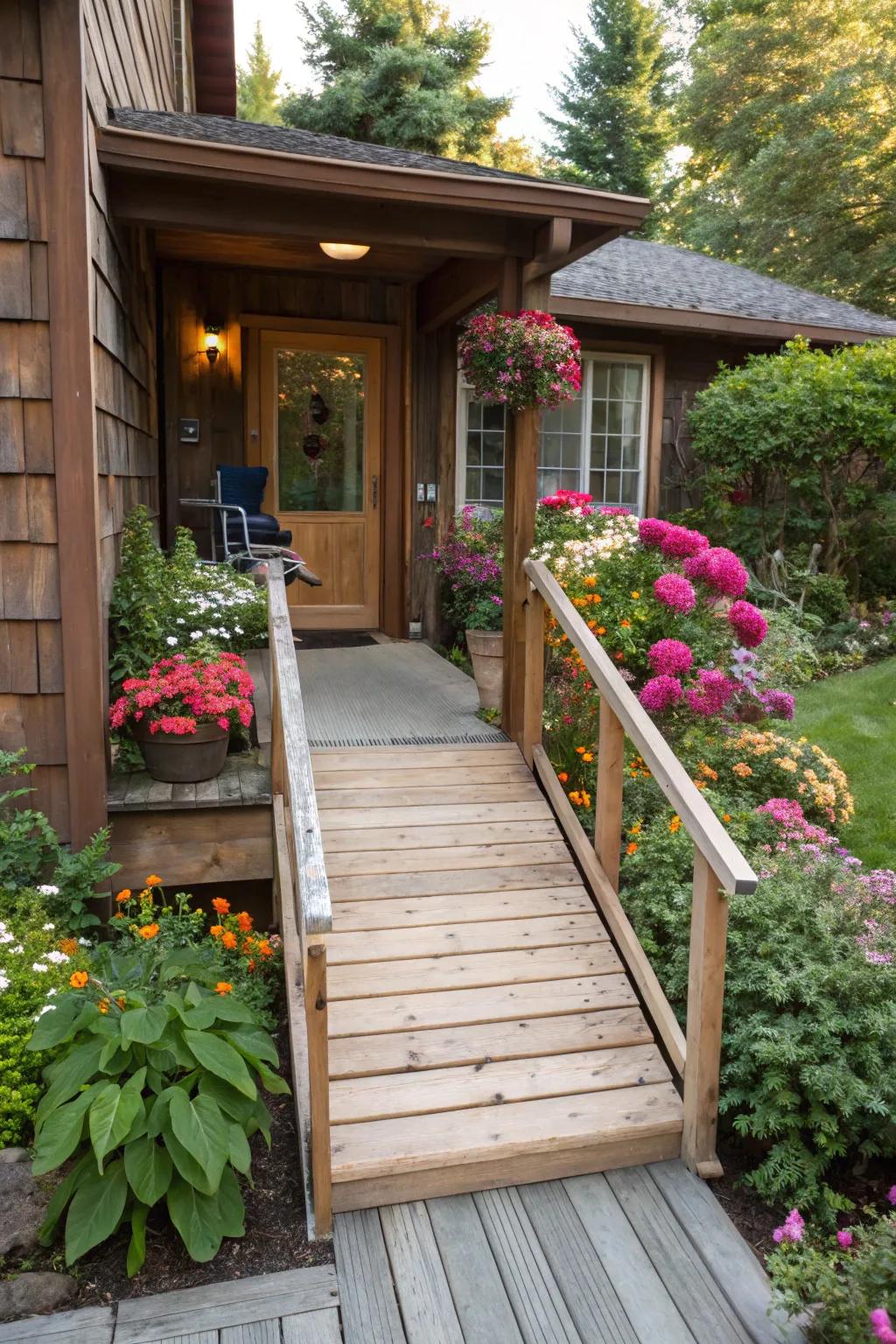 A wooden ramp that adds warmth and natural appeal to a rustic home.