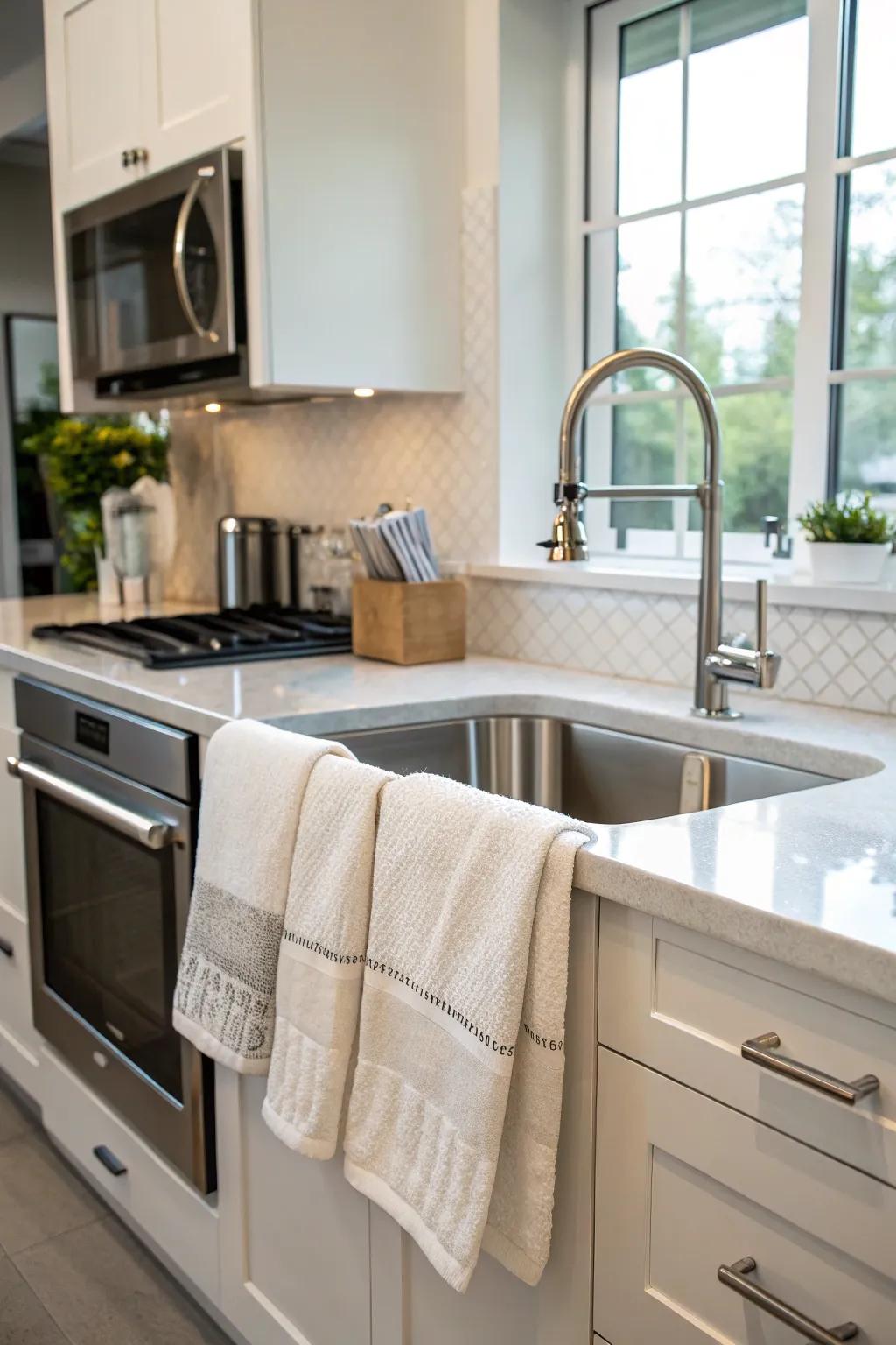 Hang towels comfortably above the sink for simple access while cooking.