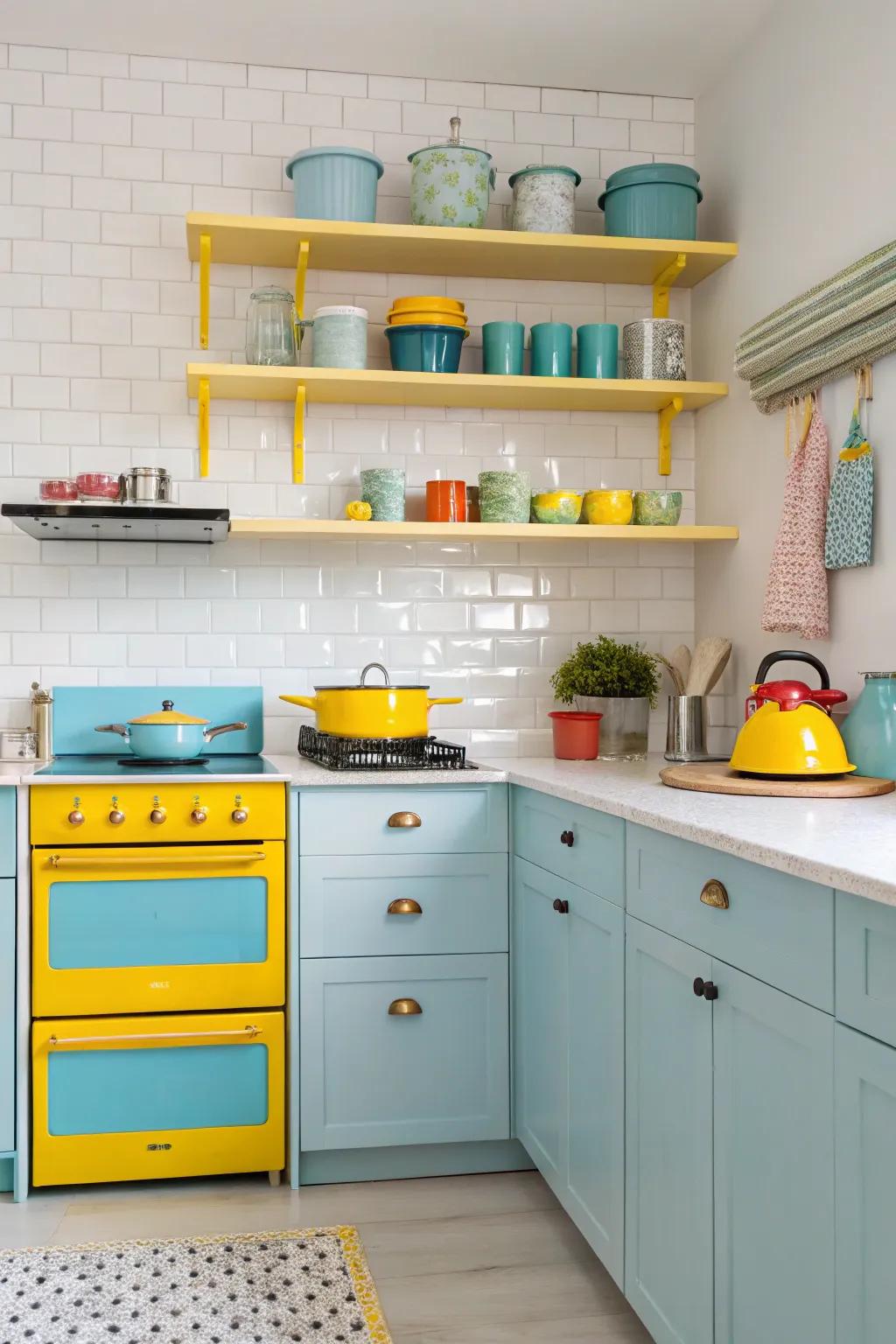 Daring hues breathe vibrancy into a whimsical kitchen setting.