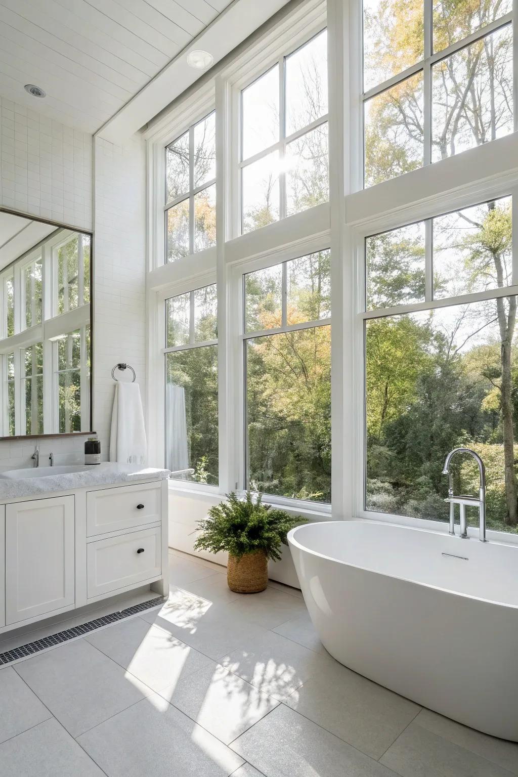Sunlight enhances the sleek lines and radiant mood of this white bathroom.