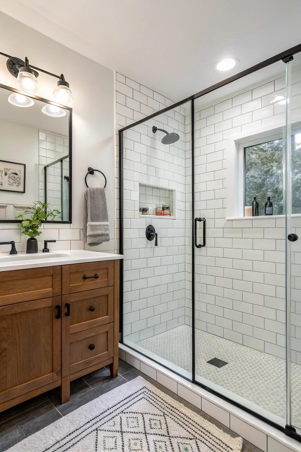 A modern shower area that perfectly balances sophistication with practicality.