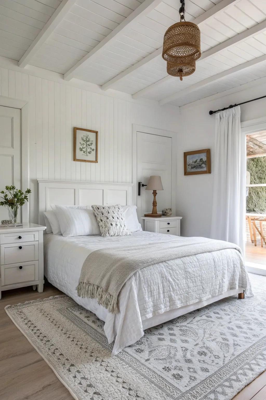 A single-color scheme in a white bedroom enhances light and space.