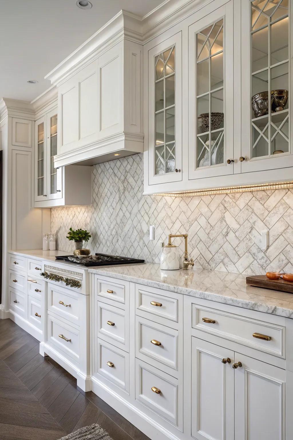 Herringbone luxe stone backsplash, enhancing the elegance of white cabinets.