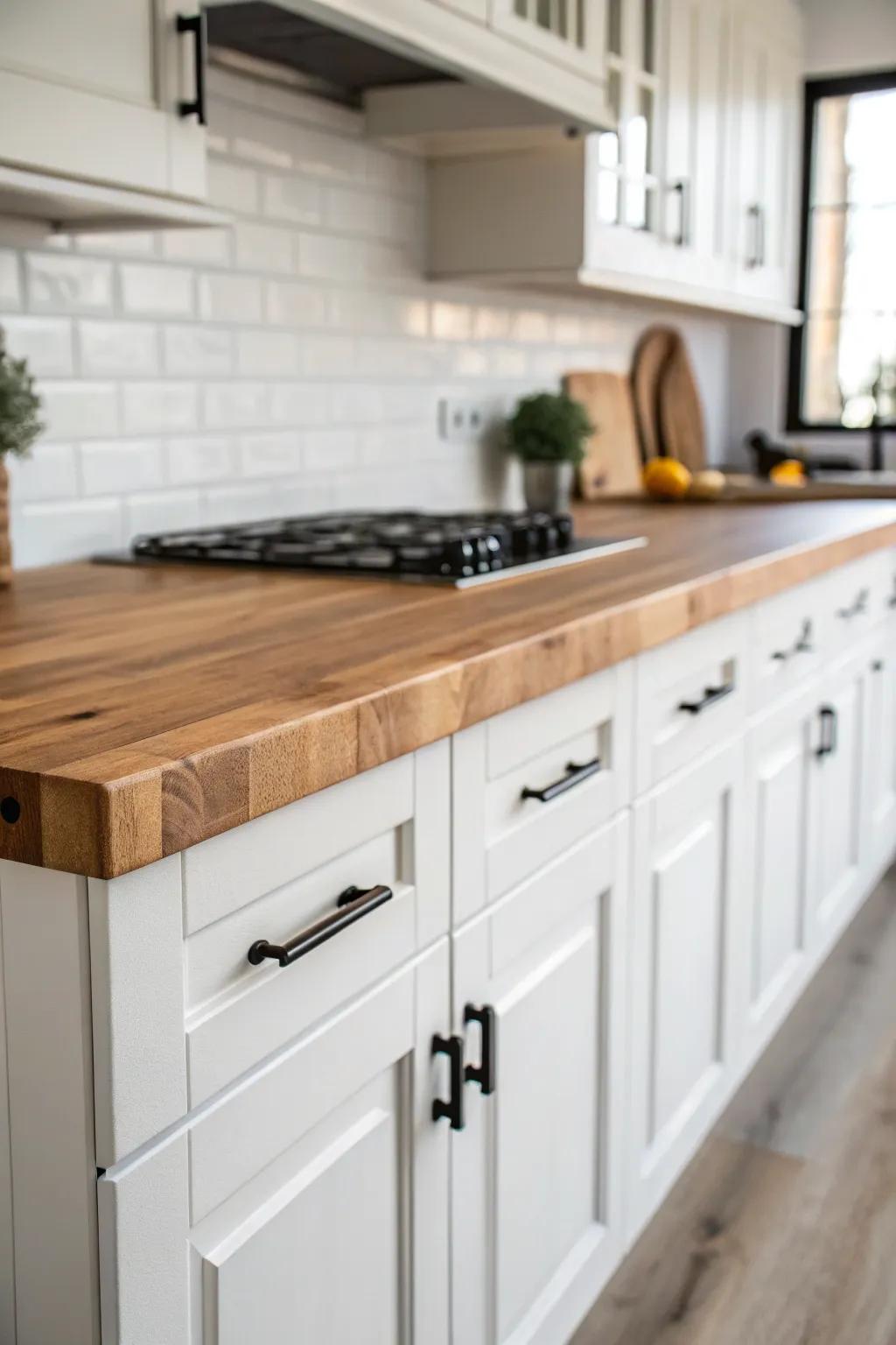 Eye-catching juxtaposition between glowing white cabinets and a welcoming timber worktop.