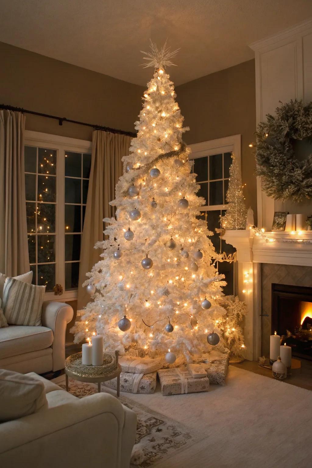 A white Christmas tree: the centerpiece of yuletide enchantment.