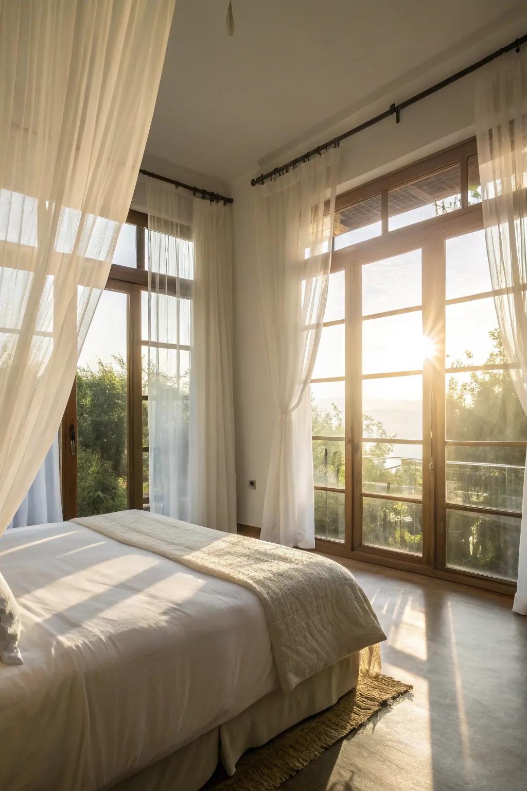 Wispy ivory drapes enable daylight to brighten the room, giving a bright and airy atmosphere.