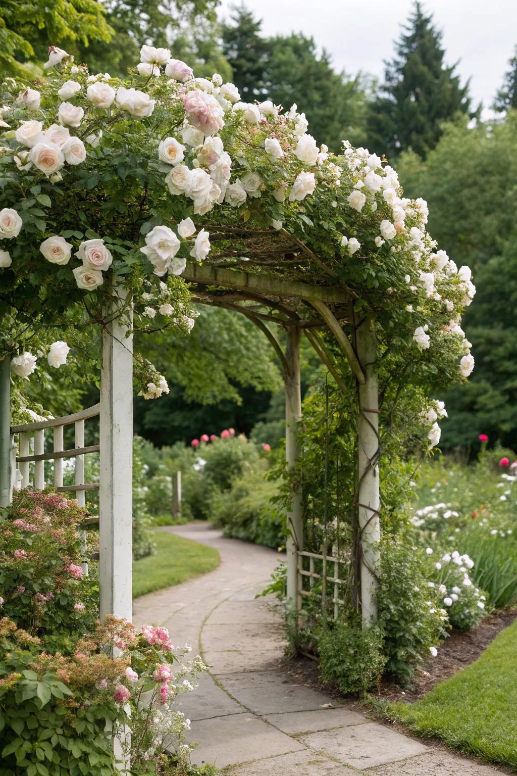 A white rose bower becomes a captivating point of interest in the garden.
