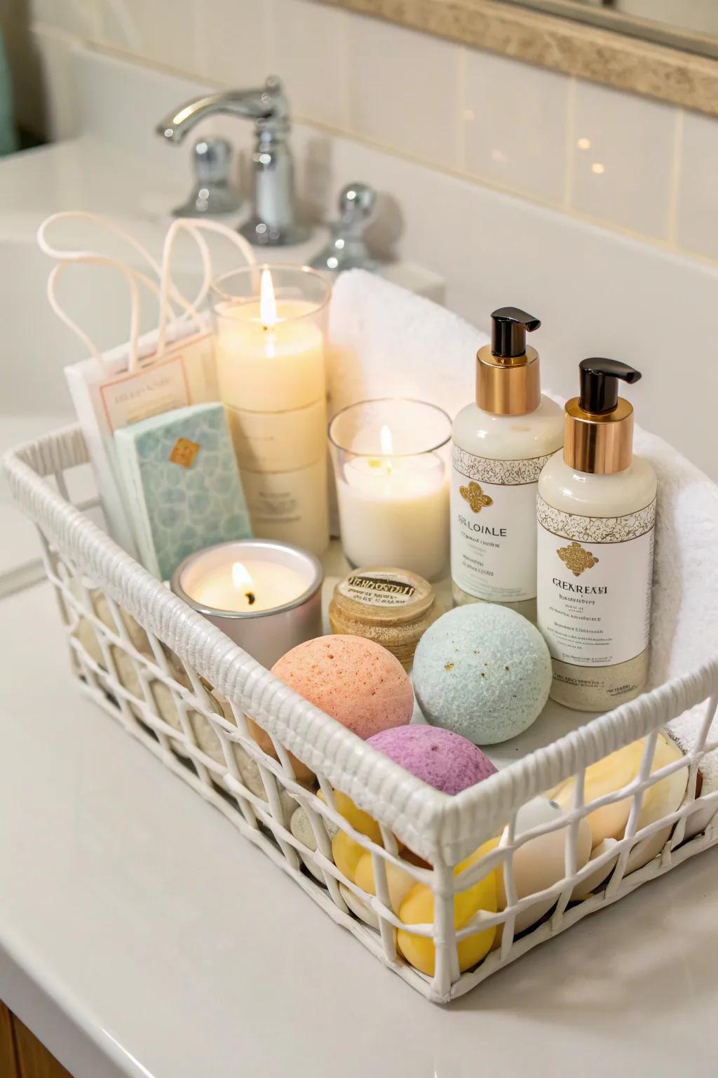 A tranquil spa-inspired white gift basket, offering moments of calm and relaxation.