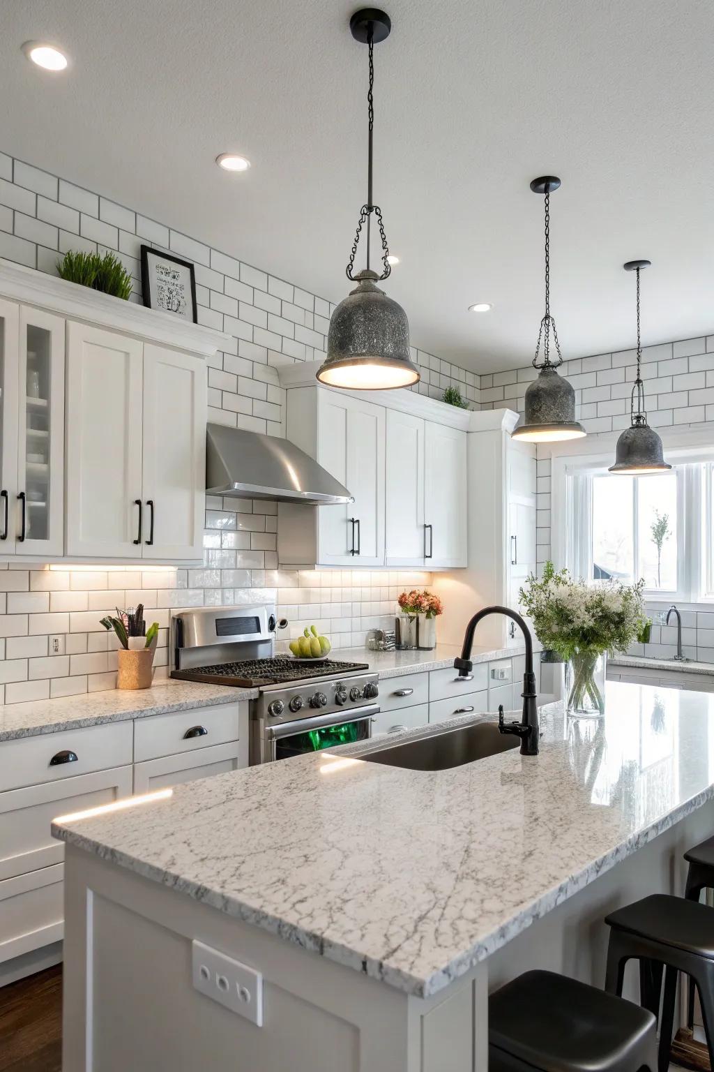 The enduring appeal of rectangular tiles paired with white ice granite.