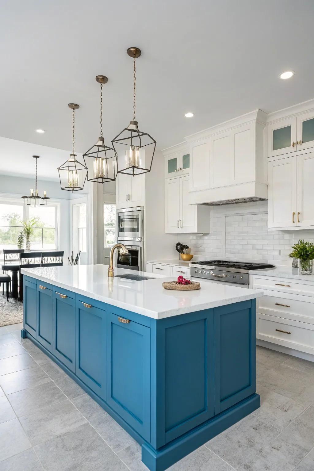 A bright blue island provides a striking contrast in the white kitchen, becoming a lively focal point.
