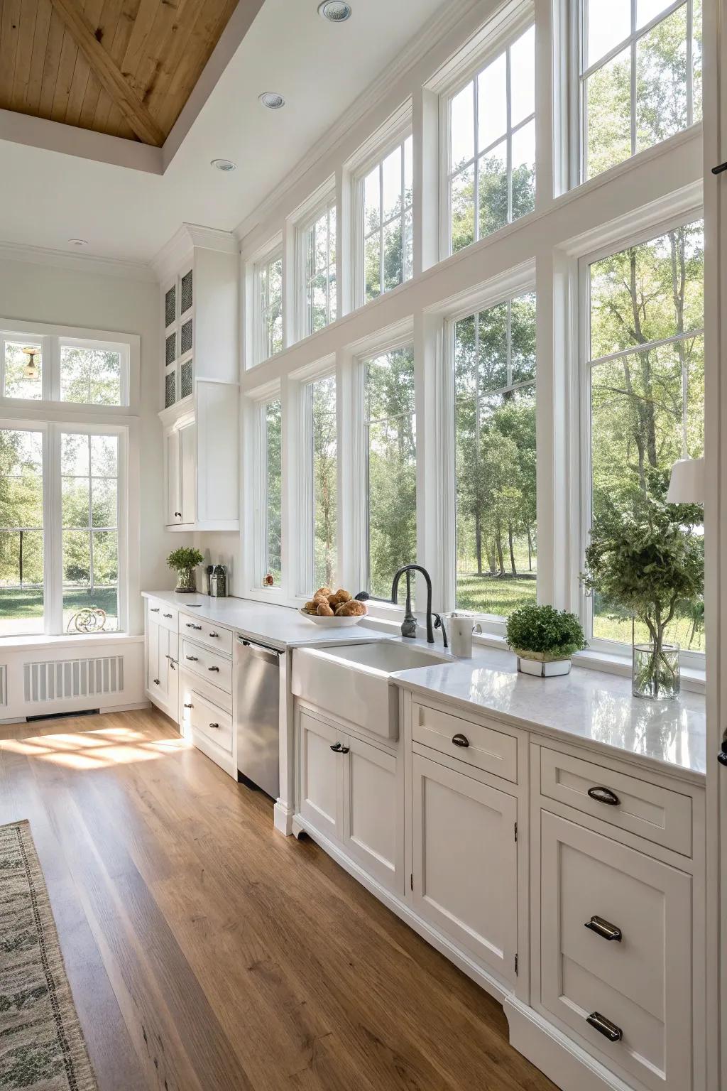 An open-concept white kitchen filled with natural light.
