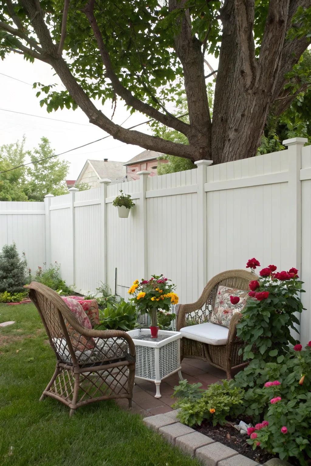 A solid white panel fence makes for a wonderfully private space in the yard.