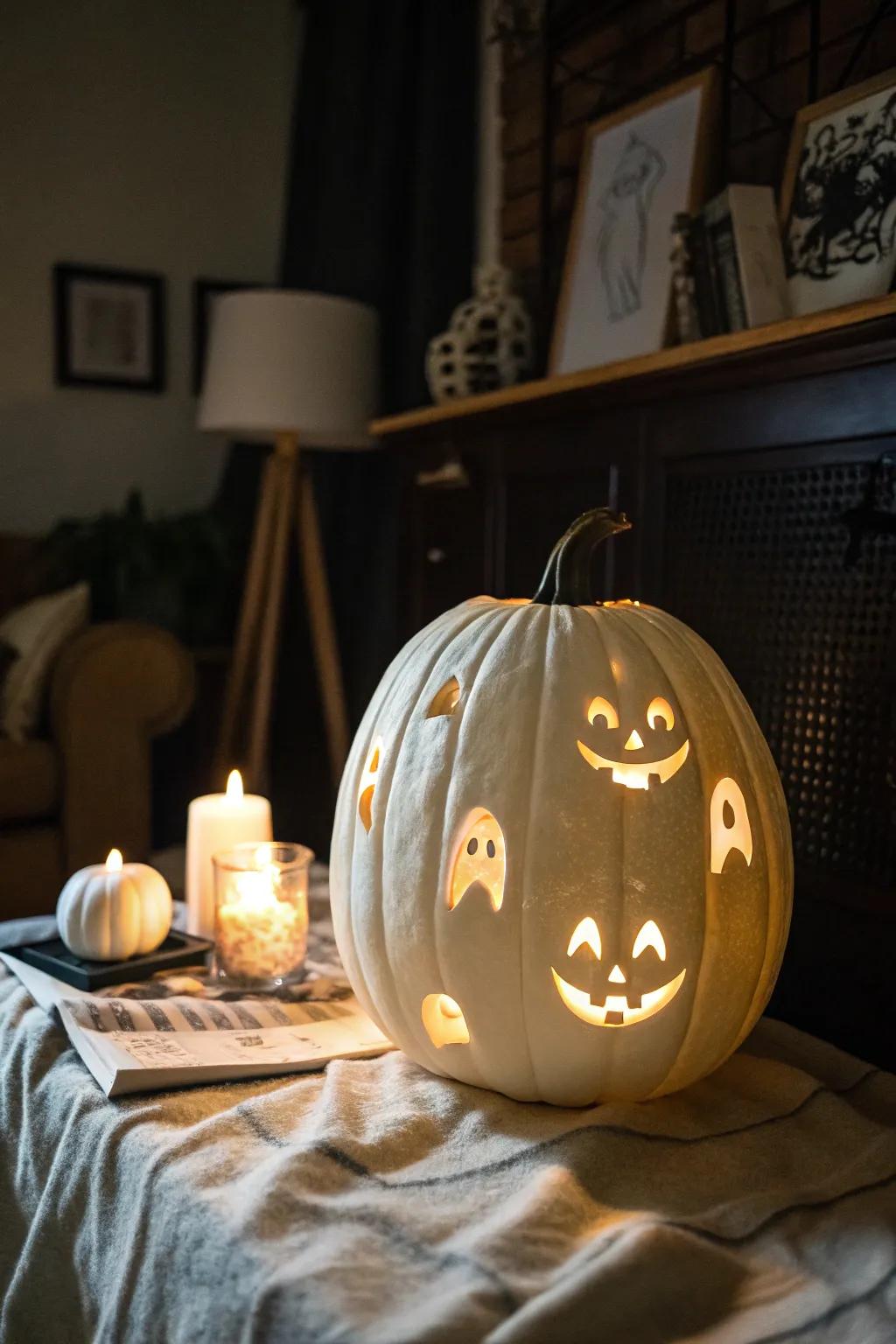 An eerie apparition sculpted into a white pumpkin, ideal for a chilling evening.