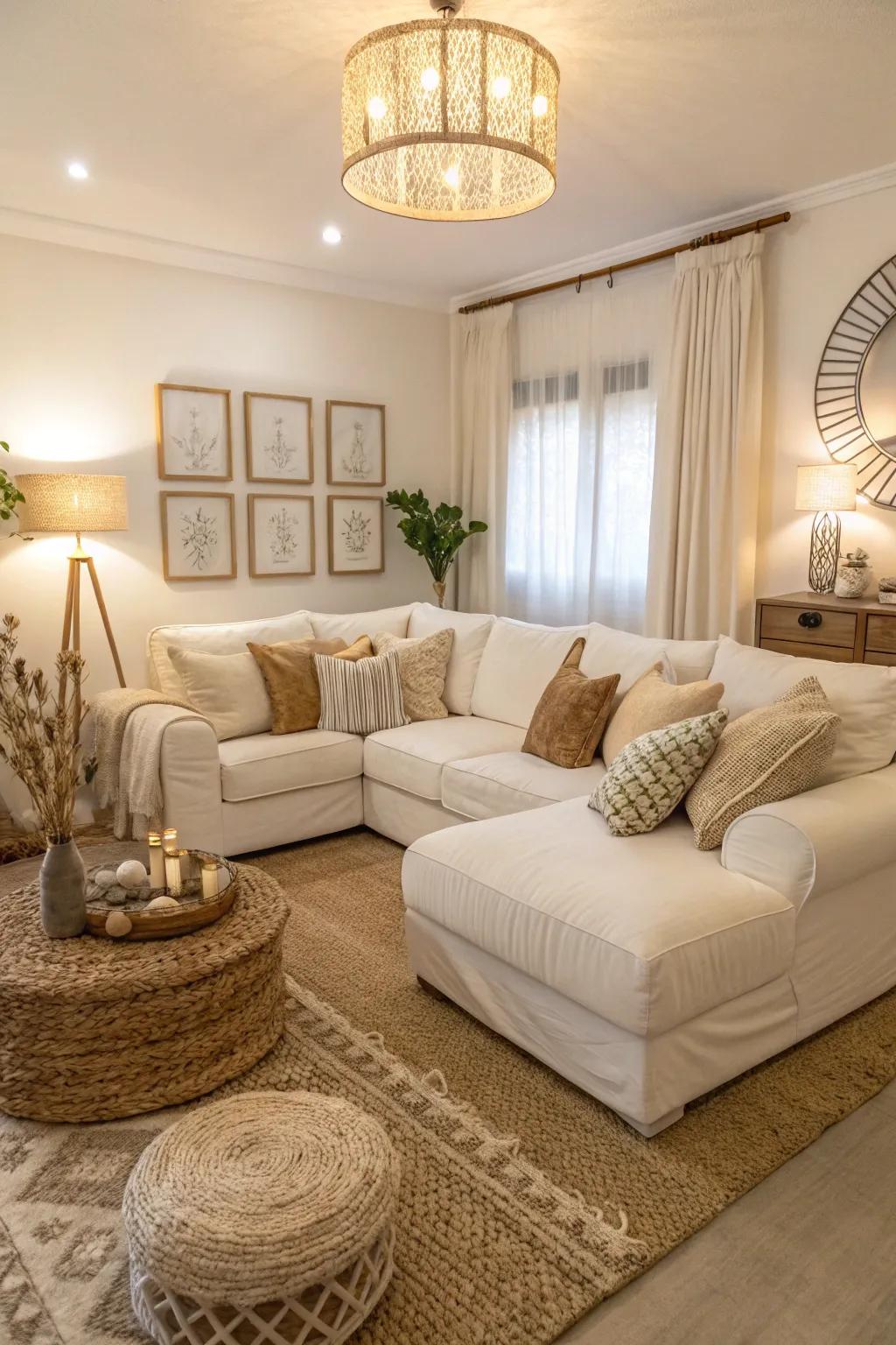 A serene mix of neutral shades, with the white modular sofa taking center stage.