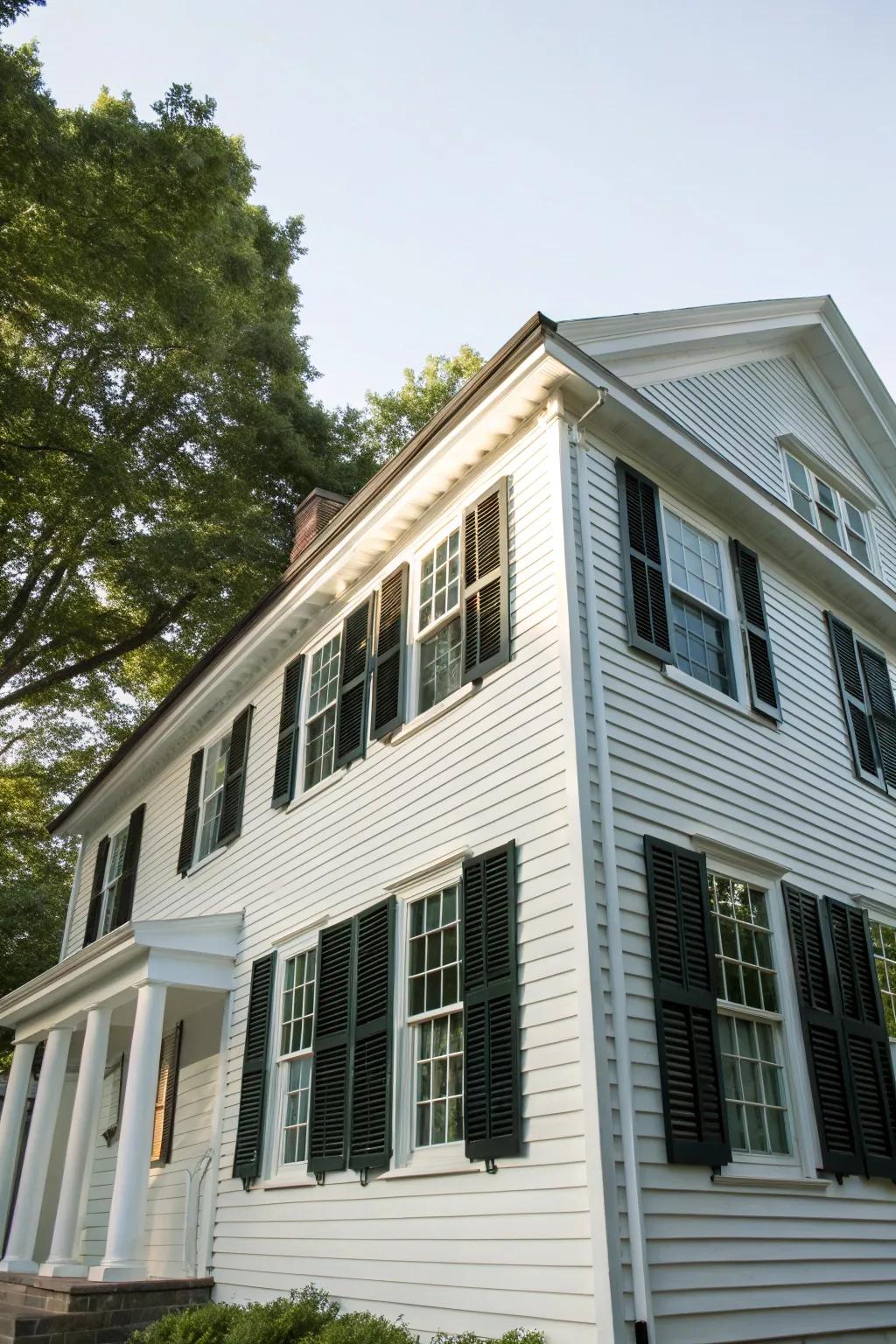 A colonial residence showcasing timeless white vinyl siding paired with contrasting dark shutters.