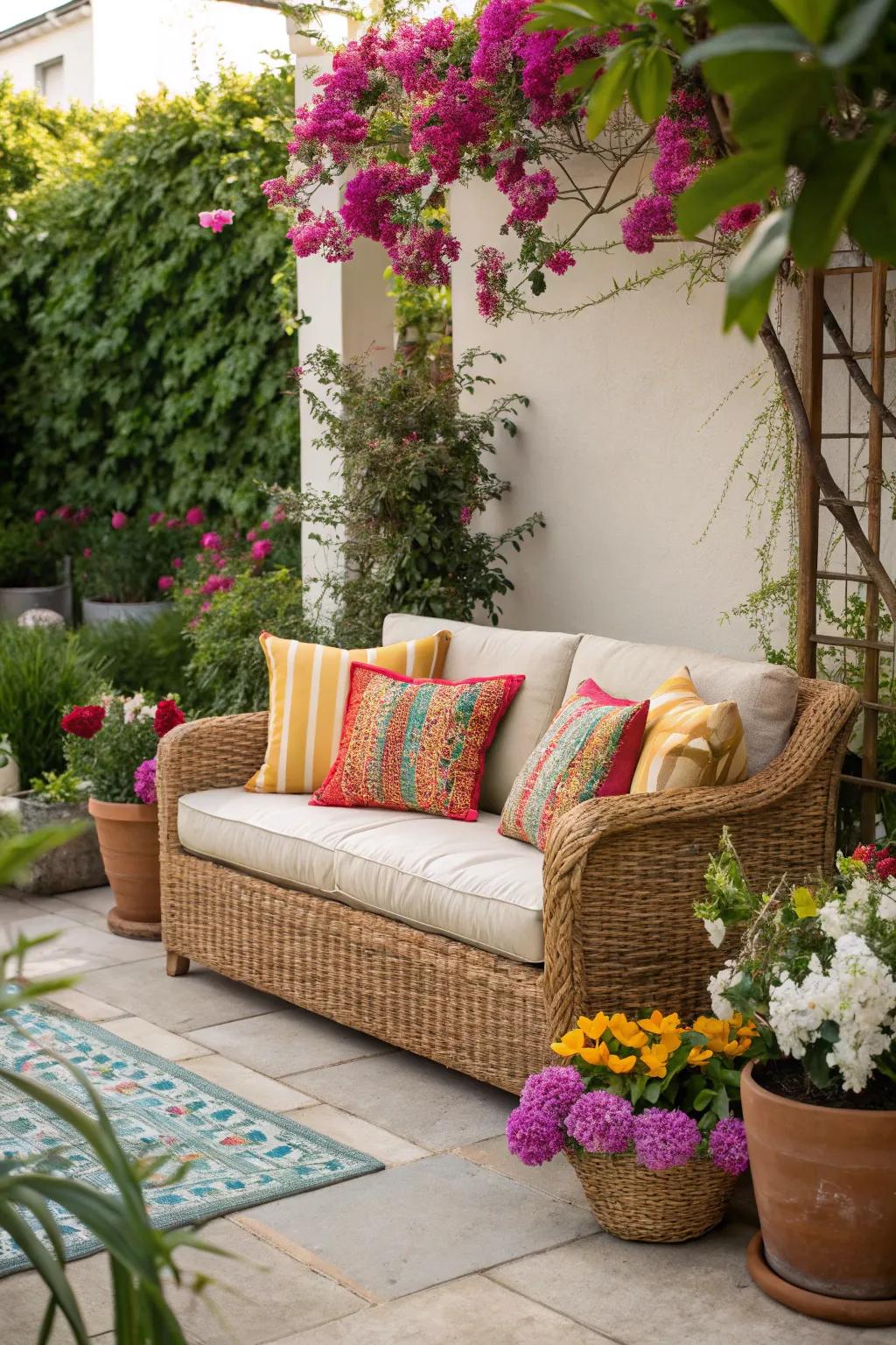 An attractive outdoor lounge featuring lively wicker furnishings.