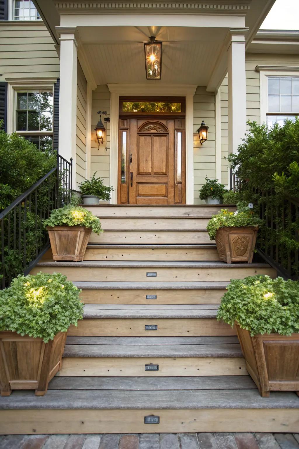 Balanced and inviting, symmetrical steps greet visitors warmly.
