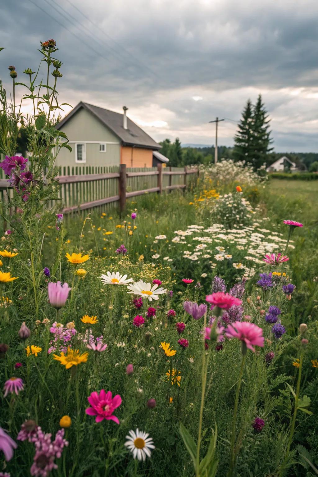 A captivating wildflower field, waltzing serenely in the gentle breeze.