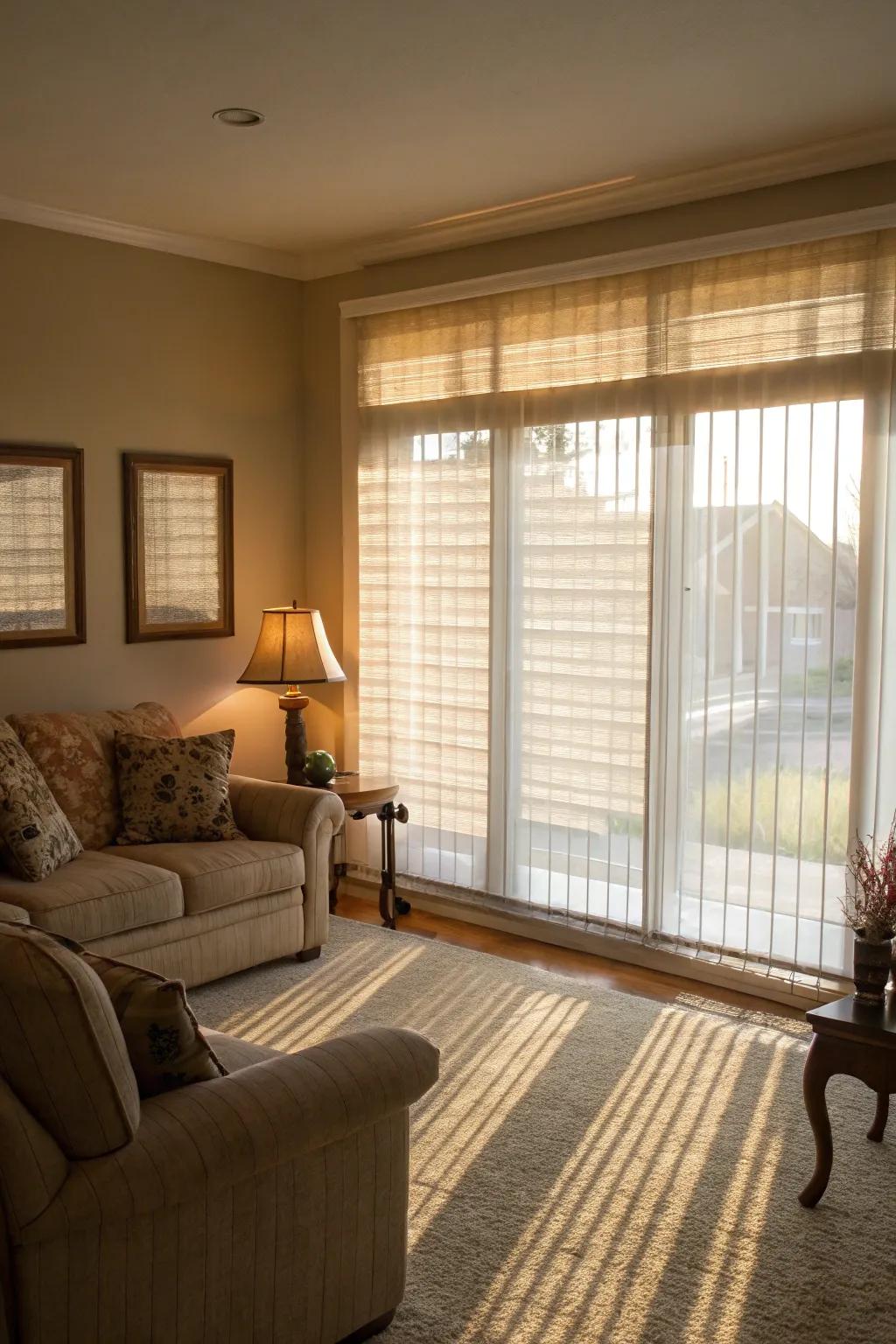 Translucent blinds creating a warm glow in a cozy living room.