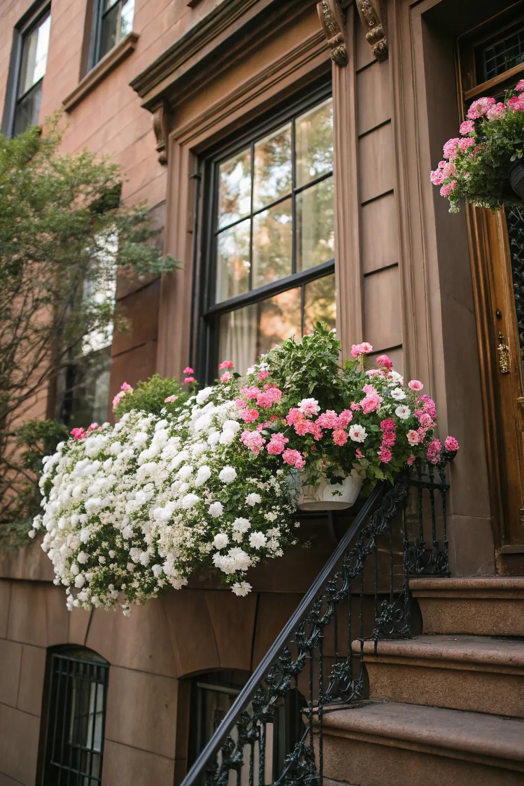 An agreeable color arrangement with pale and rosy flowers along a brownstone wall.
