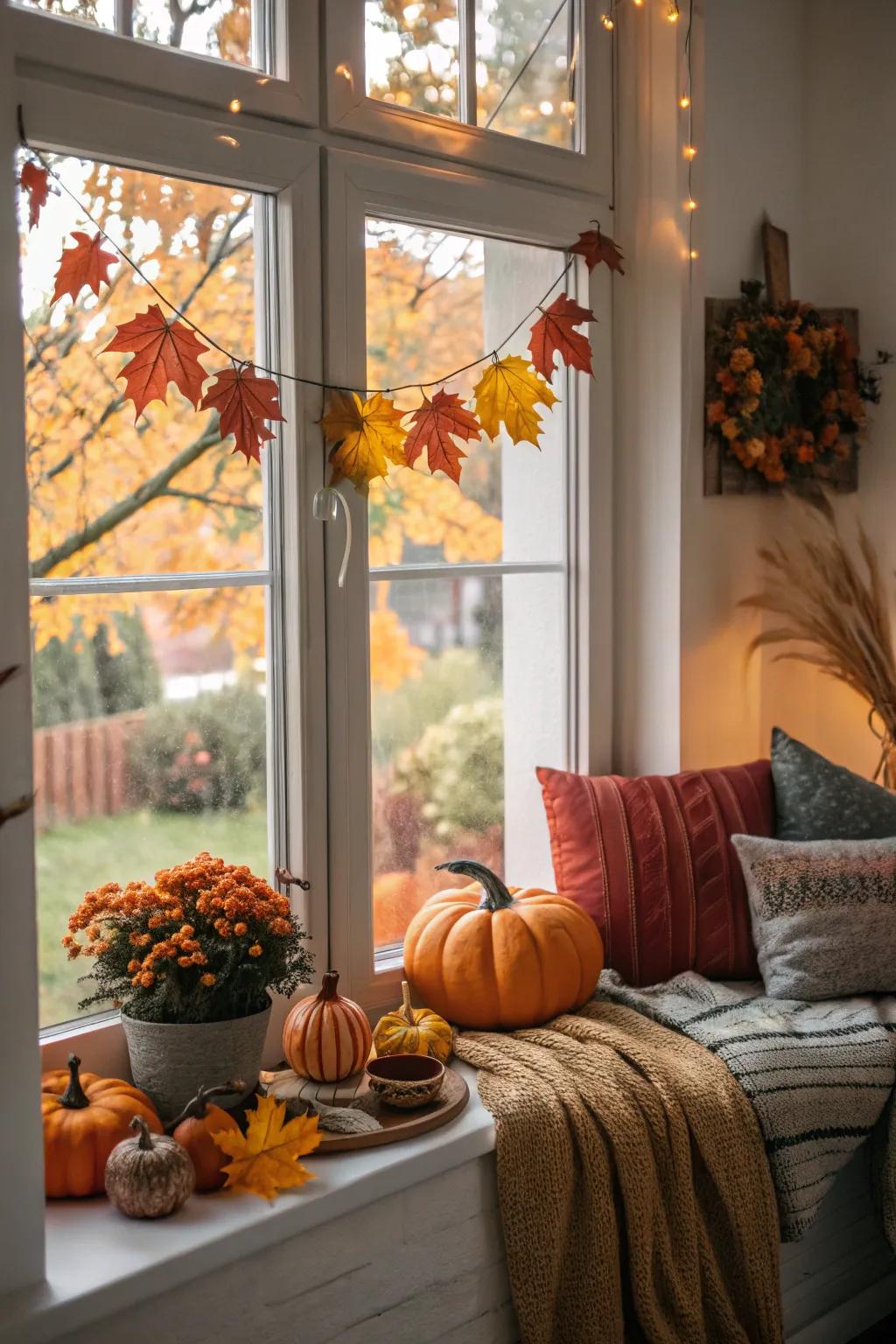 A window display themed for fall, bringing the cozy essence of the season into your home.