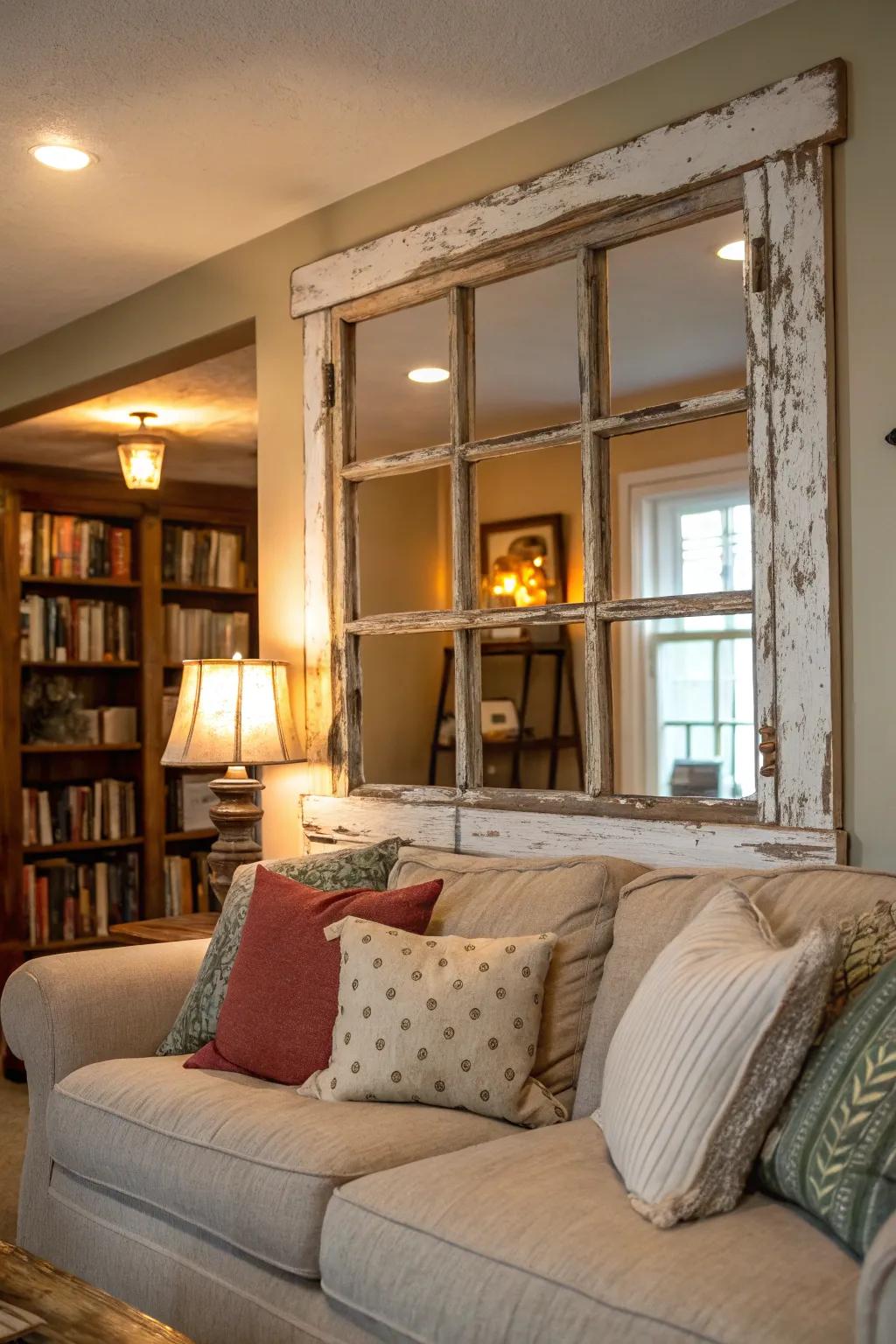 Aged window frames imbue any space with countryside allure.