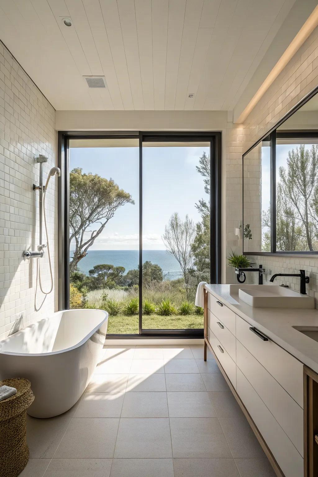 A roomy shower equipped with a broad window, allowing sunshine to elevate the bathroom's overall aesthetic.