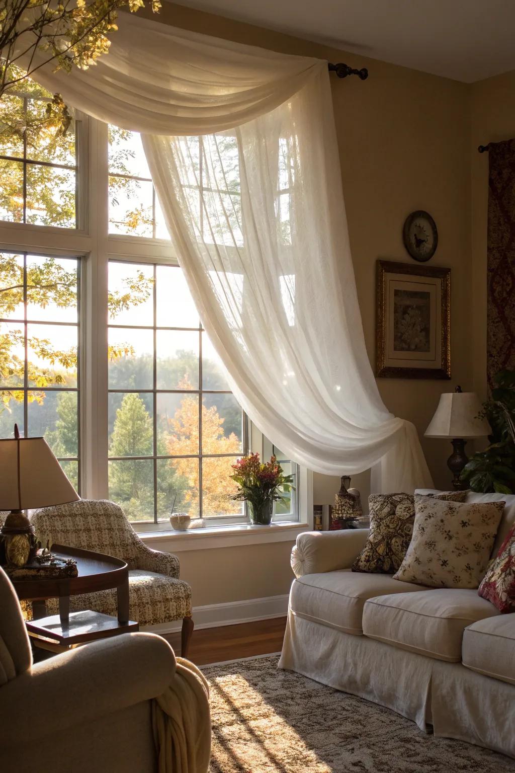 Traditional elegance featuring a transparent window drape.