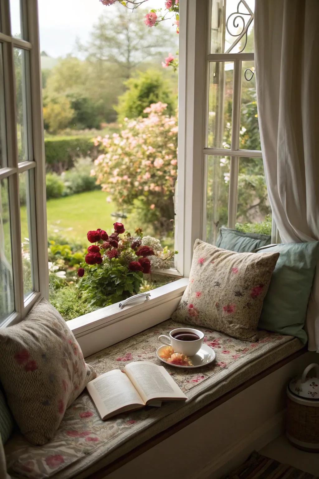 A sun-drenched window seat with a tranquil garden view.