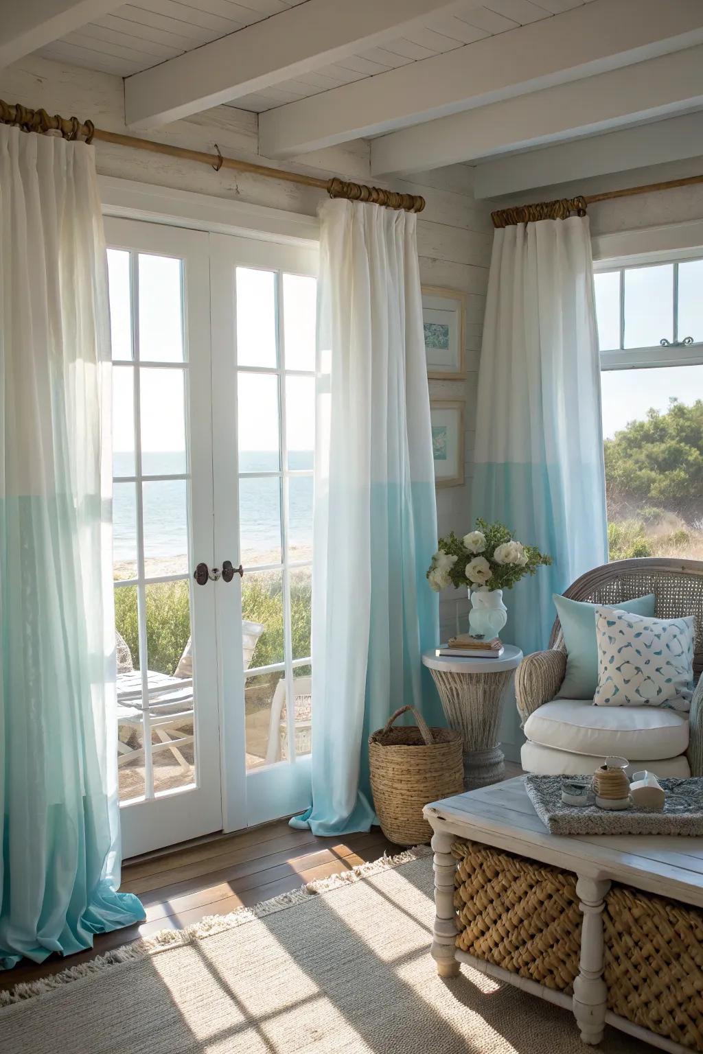 Bring about a seaside ambiance using airy, light-colored draperies.