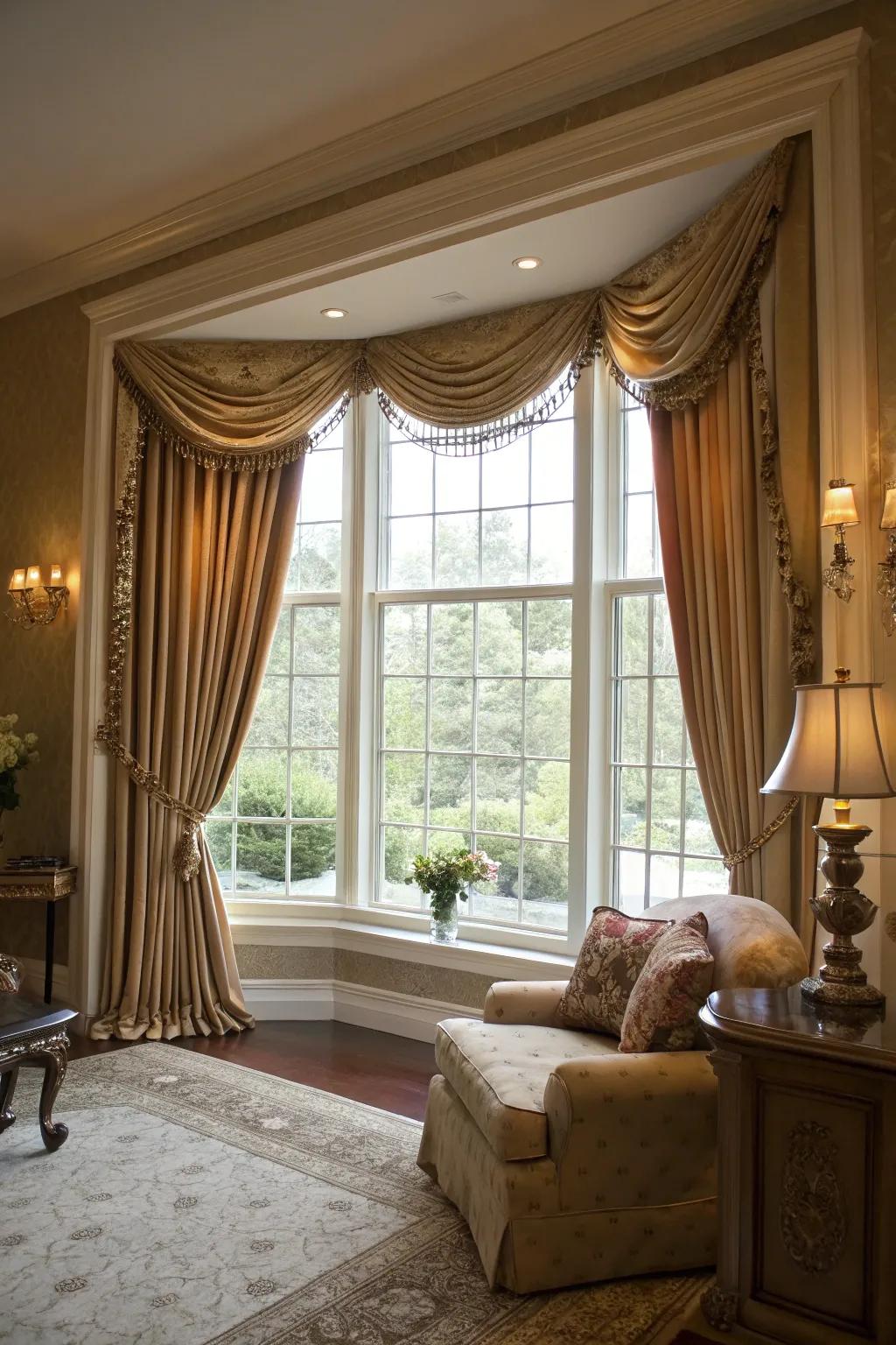 Floor-length drapes bring a dramatic elegance to bay windows.