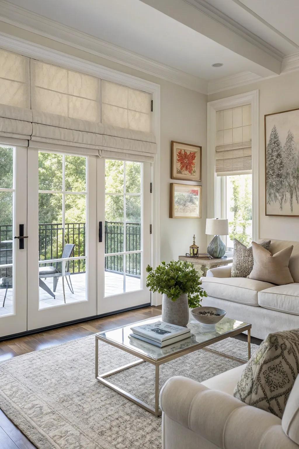 Roman shades impart a bespoke nuance to French doors.