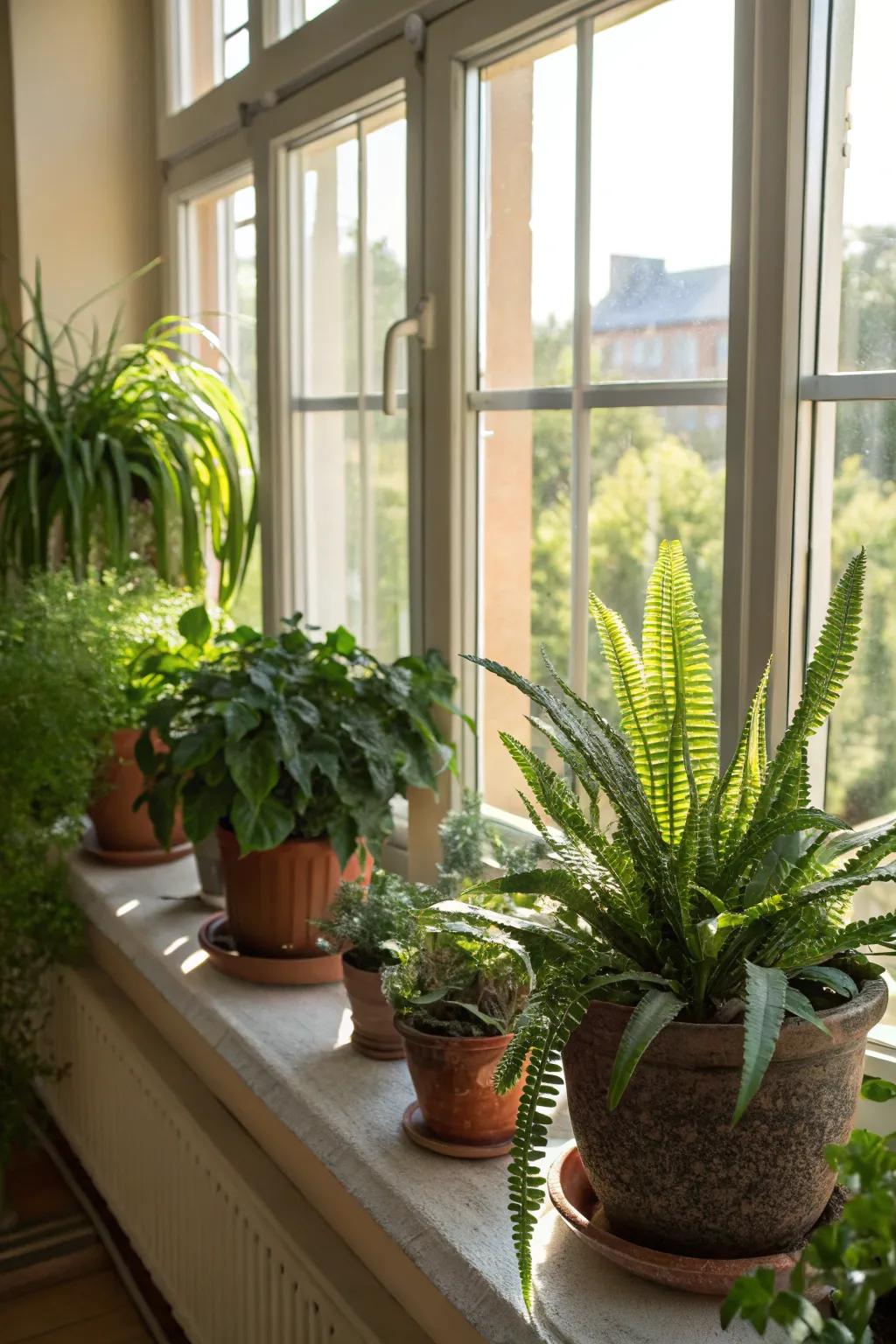 A dynamic assortment of potted plants infuses the windowsill with vitality.